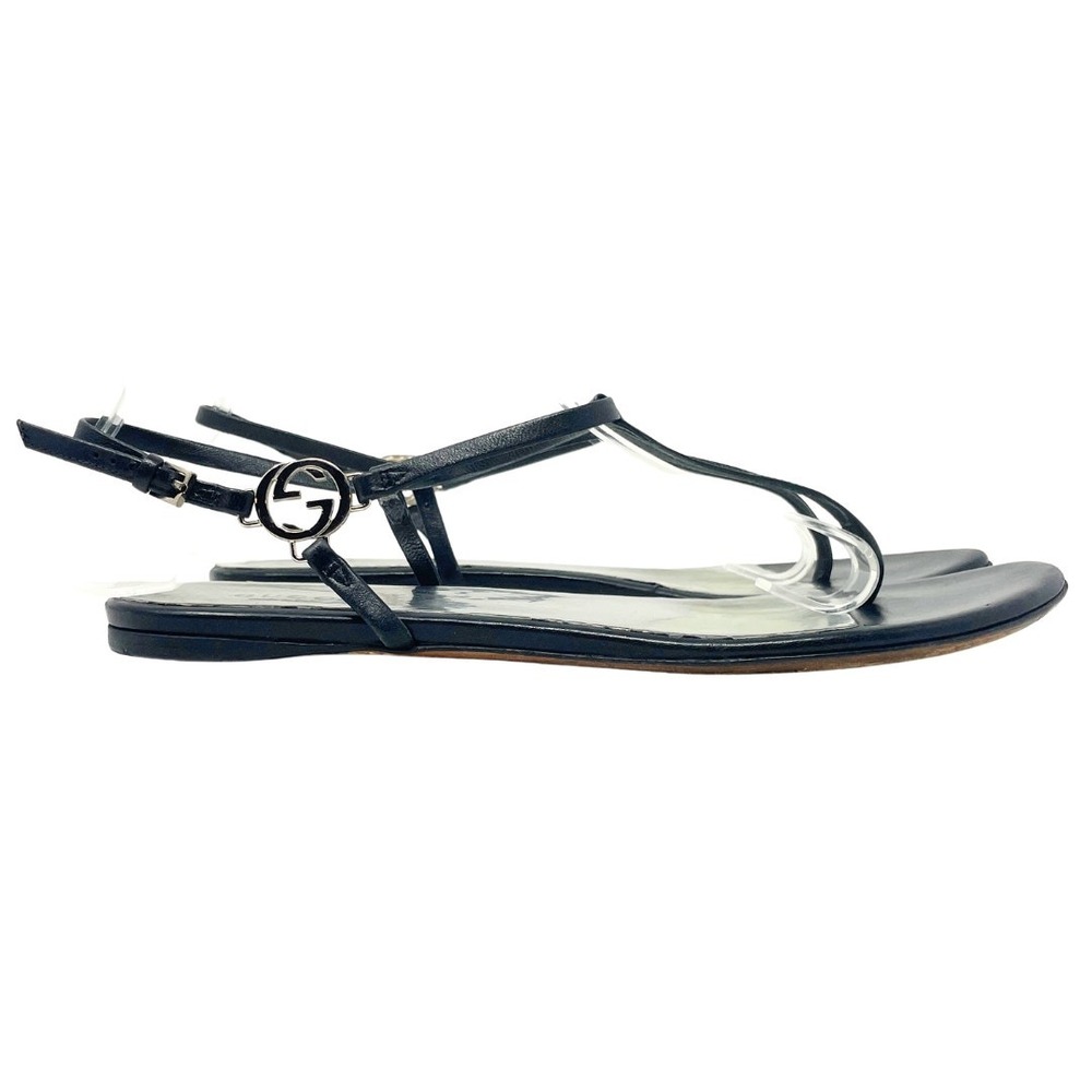 Gucci Thong Sandals Interlocking GG Logo White Gold Black Leather Flats 37.5 - Picture 3 of 11